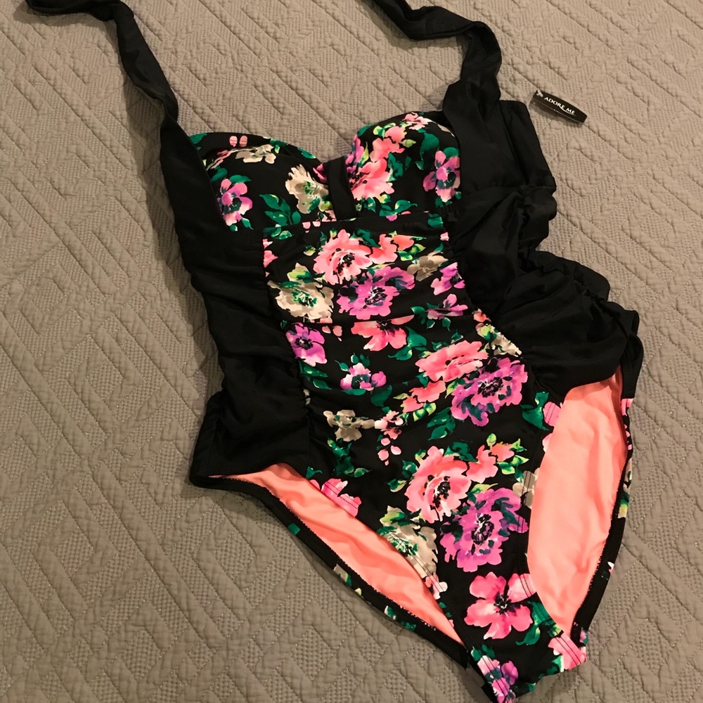 One Piece Halter Black & Floral Bathing Suit